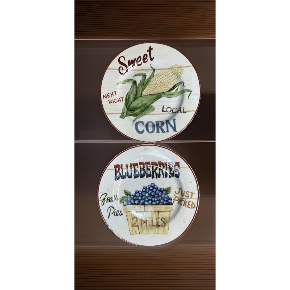 Home Trends FARM FRESH Set/2 Salad‎ Plates Corn & Blueberries Farmhouse Decor